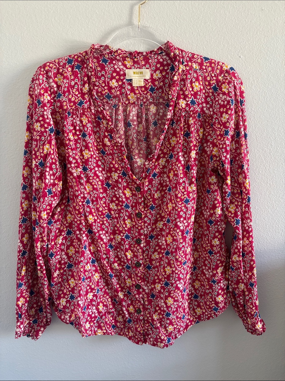Maeve Red Floral-Print Button Front V-Neck Blouse